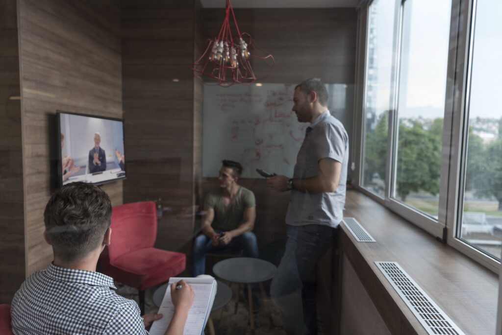 start up business people group attending videoconference call with senior investitior
